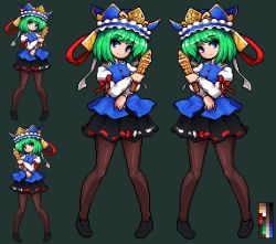 Rule 34 | 1girl, bad id, bad pixiv id, black footwear, black skirt, blue eyes, brown pantyhose, buttons, closed mouth, color guide, dark background, frilled hat, frills, full body, green hair, hat, holding, juliet sleeves, loafers, long sleeves, looking at viewer, miniskirt, multiple views, namako daibakuhatsu, pantyhose, pixel art, pleated skirt, puffy sleeves, red ribbon, ribbon, ribbon-trimmed skirt, ribbon trim, rod of remorse, shiki eiki, shoes, short hair, simple background, skirt, smile, standing, touhou