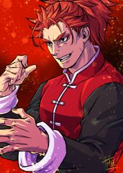 Rule 34 | 1boy, black eyes, chinese clothes, eyeshadow, fate/extra, fate/grand order, fate (series), fighting stance, li shuwen (fate), li shuwen (young) (fate), long hair, long sleeves, looking to the side, makeup, male focus, open mouth, ponytail, red hair, ryuuki garyuu, simple background, smile, solo, spiked hair, upper body