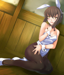Rule 34 | 10s, 1girl, animal ears, bare shoulders, black pantyhose, blush, breasts, brown eyes, brown hair, detached collar, fake animal ears, headgear, high heels, ipuu (el-ane koubou), kantai collection, leotard, open mouth, pantyhose, playboy bunny, rabbit ears, short hair, sitting, small breasts, solo, taihou (kancolle), wrist cuffs