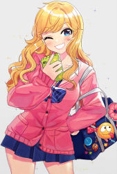 Rule 34 | 1girl, ;d, bag, bag charm, blonde hair, blue bow, blue bowtie, blue eyes, blue skirt, blush, bow, bowtie, cellphone, charm (object), contrapposto, cowboy shot, duffel bag, grey background, grin, highres, holding, holding phone, idolmaster, idolmaster cinderella girls, idolmaster cinderella girls starlight stage, index finger raised, jacket, jewelry, long hair, long sleeves, looking at viewer, miniskirt, nail polish, necklace, ohtsuki yui, one eye closed, open mouth, phone, pink bow, pink jacket, pink nails, pleated skirt, polka dot, polka dot bow, school uniform, simple background, skirt, sleeves past wrists, smartphone, smile, solo, sparkle, standing, striped bow, striped bowtie, striped clothes, striped neckwear, swept bangs, tareme, teeth, thighs, wavy hair, wenquangua
