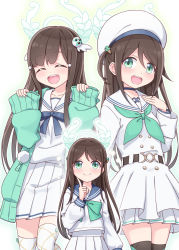 Rule 34 | 1girl, :d, ^ ^, airi (blue archive), beret, black thighhighs, blue archive, blue bow, blue sailor collar, bow, brown hair, cardigan, closed eyes, commentary request, dress, facing viewer, food-themed hair ornament, green bow, green cardigan, green eyes, green neckerchief, hair ornament, hand up, hands up, harada (sansei rain), hat, highres, ice cream hair ornament, index finger raised, long hair, long sleeves, looking at viewer, multiple views, neckerchief, one side up, open cardigan, open clothes, open mouth, puffy long sleeves, puffy sleeves, sailor collar, sailor dress, school uniform, serafuku, shirt, skirt, sleeves past wrists, smile, thighhighs, very long hair, white dress, white headwear, white sailor collar, white serafuku, white shirt, white skirt