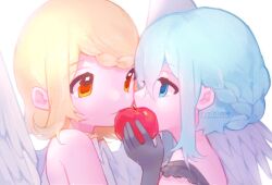 Rule 34 | 2girls, angel, angel wings, apple, blonde hair, blue eyes, blue hair, braid, braided bangs, covering own mouth, eye contact, feathered wings, flipped hair, food, fruit, gloves, hatsune miku, highres, himitsu ~kuro no chikai~ (vocaloid), holding, holding food, holding fruit, kagamine rin, light smile, looking at another, multiple girls, orange eyes, profile, rinihimme, short hair, sleeveless, upper body, vocaloid, wings, yuri