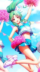 Rule 34 | 1girl, :d, bare arms, bare legs, blue skirt, blue sky, bra, cheerleader, crop top, day, doukyuusei, doukyuusei another world, floating hair, full body, game cg, green hair, hair ribbon, jumping, legs up, long hair, looking at viewer, midriff, miniskirt, official art, open mouth, outdoors, panties, pink bra, pink panties, pink ribbon, pink socks, pleated skirt, pom pom (cheerleading), ponytail, ribbon, sakuma chiharu, skirt, sky, smile, socks, solo focus, stomach, underwear, white footwear, yellow eyes