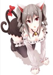 Rule 34 | 10s, 1girl, all fours, animal ears, bad id, bad pixiv id, bell, bow, cat ears, cat tail, drill hair, idolmaster, idolmaster cinderella girls, jingle bell, kanzaki ranko, long hair, neko sensha, open mouth, red eyes, ribbon, ribbon-trimmed clothes, ribbon-trimmed legwear, ribbon-trimmed sleeves, ribbon trim, silver hair, solo, tail, tail bow, tail ornament, tail ribbon, thighhighs, twin drills, twintails