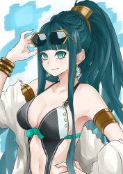 Rule 34 | 1girl, absurdres, armlet, bare shoulders, black one-piece swimsuit, bracelet, breasts, center opening, cleavage, cleopatra (fate), closed mouth, collarbone, earrings, eye of horus, eyeliner, eyewear on head, fate/grand order, fate (series), hand on own hip, highleg, highleg swimsuit, highres, hoop earrings, jewelry, large breasts, long hair, looking at viewer, makeup, multicolored clothes, multicolored swimsuit, navel, off shoulder, one-piece swimsuit, open clothes, ponytail, sanada ina, seaside luxury, smile, sunglasses, swimsuit, two-tone swimsuit, white one-piece swimsuit
