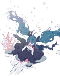 Rule 34 | 1girl, air bubble, bare arms, bare legs, black dress, blush, bubble, closed eyes, coral, crying, dress, frilled dress, frills, hands on own chest, hatsune miku, hazime, highres, interlocked fingers, open mouth, pale skin, shinkai shoujo (vocaloid), solo, song name, submerged, twitter username, underwater, vocaloid