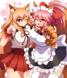 Rule 34 | 2girls, afuro, alternate breast size, alternate costume, animal ear fluff, animal ears, animal hands, apron, bell, black dress, blonde hair, blush, breasts, cat paws, collar, commentary, dress, enmaided, fangs, fate/extra, fate/extra ccc, fate/extra ccc fox tail, fate/grand order, fate (series), fox ears, fox girl, fox shadow puppet, fox tail, gloves, hair ribbon, jingle bell, large breasts, long hair, looking at viewer, maid, maid apron, maid headdress, multiple girls, neck bell, one eye closed, open mouth, paw gloves, pink hair, red ribbon, ribbon, smile, suzuka gozen (fate), tail, tamamo (fate), tamamo cat (fate), tamamo cat (second ascension) (fate), waist apron, white legwear, yellow eyes