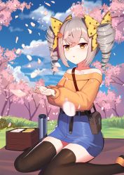 Rule 34 | 1girl, :o, bag, bare shoulders, bento, black thighhighs, blue skirt, blue sky, bow, bronya zaychik, brown eyes, brown footwear, brown sweater, cloud, cloudy sky, collarbone, commentary request, day, drill hair, flower, grey hair, hair between eyes, hair bow, hair flower, hair ornament, hanami, highres, honkai (series), honkai impact 3rd, long sleeves, off-shoulder sweater, off shoulder, outdoors, parted lips, petals, pink flower, polka dot, polka dot bow, puffy long sleeves, puffy sleeves, red flower, shoes, shoulder bag, sidelocks, sitting, skirt, sky, sleeves past wrists, solo, sweater, thermos, thighhighs, tree, twin drills, twintails, unidentified nk, wariza, yellow bow