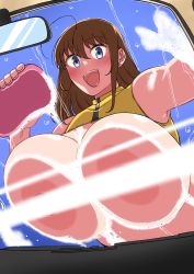 Rule 34 | 1girl, against glass, ahoge, bare shoulders, blue eyes, breast press, breasts, breasts on glass, brown hair, car interior, car wash, highres, huge breasts, komusou (jinrikisha), light censor, long hair, looking at viewer, nipples, one-piece swimsuit, ooba minori, open mouth, original, rear-view mirror, sidelocks, soap bubbles, solo, sponge, swimsuit, washing vehicle, water drop, yellow one-piece swimsuit