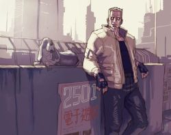 Rule 34 | 1boy, batou (gits), city, cyberpunk, cyborg, dog, ghost in the shell, male focus, science fiction, solo