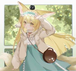 Rule 34 | 1girl, absurdres, animal, animal ears, animal on head, arknights, arm up, bag, blonde hair, blue dress, blue hairband, brown bag, cardigan, cat, cat on head, cowboy shot, dress, fox ears, fox girl, fox tail, frilled hairband, frills, green eyes, hair down, hairband, highres, juzi dou ban jiang, long hair, long sleeves, looking at viewer, luo xiaohei, neck ribbon, official alternate costume, on head, open cardigan, open clothes, red ribbon, ribbon, satchel, shoulder bag, solo, suzuran (arknights), suzuran (spring praise) (arknights), tail, luo xiaohei zhanji, white cardigan