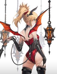 Rule 34 | 1girl, absurdres, ass, back, bare shoulders, black thighhighs, blonde hair, breasts, bridal gauntlets, corset, demon horns, demon tail, demon wings, detached collar, detached sleeves, fate/apocrypha, fate (series), green eyes, highleg, highleg leotard, highres, horns, leotard, long hair, looking at viewer, looking back, mordred (fate), mordred (fate/apocrypha), ponytail, red leotard, sidelocks, small breasts, smile, solo, tail, thighhighs, tonee, variant set, wings