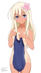 Rule 34 | 1girl, ahoge, blonde hair, blue eyes, blue one-piece swimsuit, blush, collarbone, convenient arm, covering privates, cowboy shot, dated, flat chest, flower, hair flower, hair ornament, holding, holding clothes, holding swimsuit, kantai collection, linfa (futari midara), long hair, looking at viewer, nude, nude cover, one-piece swimsuit, one-piece tan, ro-500 (kancolle), sidelocks, simple background, smile, solo, standing, straight hair, swimsuit, unworn swimsuit, tan, tanline, tareme, triple vertical stripe, twitter username, white background