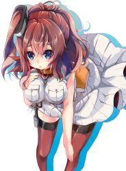 Rule 34 | 10s, 1girl, ascot, blue eyes, breast pocket, breasts, brown hair, dress, garter straps, gouda nagi, highres, kantai collection, large breasts, leaning forward, long hair, looking at viewer, magazine (weapon), pocket, ponytail, red ascot, red thighhighs, saratoga (kancolle), side ponytail, solo, thighhighs, white dress