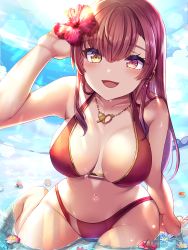 Rule 34 | 1girl, absurdres, bikini, blush, breasts, flower, hair flower, hair ornament, heterochromia, highres, hololive, houshou marine, houshou marine (summer), jewelry, large breasts, long hair, looking at viewer, necklace, open mouth, petals, red hair, rokico, sitting, smile, solo, swimsuit, virtual youtuber, wet