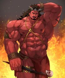 Rule 34 | 1boy, abs, arm behind head, armpits, bara, beard, biceps, bracelet, brown hair, bulge, chain, character request, check character, colored sclera, colored skin, facial hair, feet out of frame, fire, highres, holding, holding staff, horns, jewelry, large pectorals, leg hair, loincloth, long hair, looking to the side, male focus, male pubic hair, mature male, muscular, muscular male, mustache, mythology, navel, navel hair, nipples, pectorals, pham yom, pubic hair, red skin, revealing clothes, rybiok, solo, staff, stomach, sweat, thick eyebrows, thick thighs, thighs, veins, veiny arms, yellow sclera