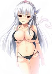 Rule 34 | 1girl, backlighting, bikini, black bikini, blush, breasts, cleavage, doll joints, feathers, hairband, joints, koneko (nonnkimono), large breasts, long hair, navel, nipples, open mouth, parted lips, red eyes, rozen maiden, shiny skin, silver hair, simple background, smile, solo, strap gap, suigintou, swimsuit, thigh gap, white background