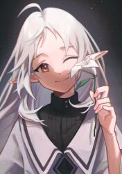 Rule 34 | 1girl, ;), absurdres, ahoge, closed mouth, commentary, donats, elf, flower, forehead, highres, holding, holding flower, long hair, looking at viewer, mushoku tensei, official alternate hair length, official alternate hairstyle, one eye closed, parted bangs, pointy ears, red eyes, smile, solo, sylphiette (mushoku tensei), white flower, white hair