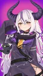 Rule 34 | 1girl, absurdres, ahoge, ascot, belt, black choker, black collar, black horns, blush, braid, braided bangs, buttons, choker, closed mouth, coat, collar, contrapposto, cowboy shot, crow (la+ darknesss), demon girl, demon horns, double-breasted, grey hair, highres, hololive, horns, la+ darknesss, long hair, looking at viewer, multicolored hair, pointy ears, purple background, purple hair, purple horns, shiro hebi rei, side slit, sleeves past fingers, sleeves past wrists, smile, smirk, smug, solo, streaked hair, striped horns, trench coat, very long hair, virtual youtuber, yellow ascot, yellow eyes