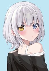 Rule 34 | 1girl, bang dream!, bang dream! it&#039;s mygo!!!!!, bare shoulders, black shirt, blue background, blue eyes, blush, brown eyes, closed mouth, commentary request, from behind, grey hair, heterochromia, highres, ivan wang, kaname raana, looking at viewer, looking back, off-shoulder shirt, off shoulder, shirt, simple background, solo, white shirt