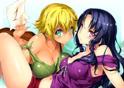 Rule 34 | 10s, 2girls, armpit peek, bare shoulders, black hair, blonde hair, blouse, blush, breasts, cleavage, closed mouth, collarbone, from side, green eyes, hair intakes, hair ribbon, holding, holding paper, kikurage (plastic people), large breasts, long hair, looking at viewer, looking to the side, multiple girls, navel, paper, paraem, parinuri, parted lips, pink eyes, pink ribbon, ribbon, shirt, short hair, shorts, sidelocks, small breasts, smile, stomach, strap slip, suisei no gargantia, tan, tress ribbon