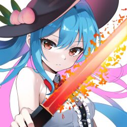 Rule 34 | 1girl, black headwear, blue hair, buttons, center frills, collared shirt, commentary request, frills, fruit hat ornament, hair between eyes, hat ornament, hinanawi tenshi, holding, holding sword, holding weapon, long hair, peach hat ornament, red eyes, shirt, simple background, solo, sword, sword of hisou, touhou, upper body, weapon, white background, white shirt, wottosei