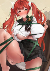 Rule 34 | 1girl, ^^^, ahoge, azur lane, bad id, bad pixiv id, barefoot, bdsm, bell, black skirt, blush, bondage, bound, box, breasts, commentary, covered erect nipples, feet out of frame, gift, gift box, gluteal fold, green ribbon, gyudan (t1k 7), highres, honolulu (azur lane), honolulu (umbrella girl) (azur lane), large breasts, long hair, looking at viewer, miniskirt, no bra, no panties, official alternate costume, parted lips, partially unbuttoned, pleated skirt, red eyes, red hair, ribbon, sailor collar, school uniform, serafuku, shirt, skindentation, skirt, solo, sweat, sweatdrop, thick thighs, thighs, trembling, twintails, underboob, white shirt