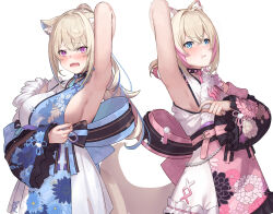 Rule 34 | 2girls, :t, animal ear fluff, animal ears, arm behind head, arm up, armpits, blonde hair, blue eyes, breasts, closed mouth, dog ears, dog tail, floral print, fuwawa abyssgard, fuwawa abyssgard (new year), hololive, hololive english, japanese clothes, kimono, kinoko (shikimylove), large breasts, long hair, long sleeves, medium hair, mococo abyssgard, mococo abyssgard (new year), multicolored hair, multiple girls, open mouth, pink eyes, presenting armpit, print kimono, sideboob, simple background, streaked hair, tail, v-shaped eyebrows, virtual youtuber, white background