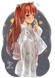 Rule 34 | 1girl, artist logo, brown eyes, brown hair, cowboy shot, dark-skinned female, dark skin, dated, highres, japanese clothes, kantai collection, kimono, ld (luna dial398), libeccio (kancolle), long hair, looking at viewer, official alternate costume, one-hour drawing challenge, solo, tan, twintails, white kimono, yukata