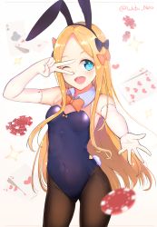 Rule 34 | 1girl, abigail williams (fate), absurdres, animal ears, bare shoulders, black bow, blonde hair, blue eyes, blue leotard, blush, bow, bowtie, breasts, brown pantyhose, card, chunyineo, covered navel, detached collar, elbow gloves, fake animal ears, fate/grand order, fate (series), forehead, gloves, highres, leotard, long hair, looking at viewer, one eye closed, open mouth, orange bow, outstretched arm, pantyhose, parted bangs, playboy bunny, playing card, poker chip, polka dot, polka dot bow, rabbit ears, rabbit tail, simple background, small breasts, smile, solo, sparkle, strapless, strapless leotard, tail, thighs, v, v over eye, white background, white gloves, wrist cuffs