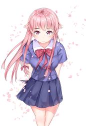Rule 34 | 1girl, blush, bottomless, bow, breasts, cherry blossoms, closed mouth, gasai yuno, hair bow, hair ornament, holding, holding knife, holding weapon, knife, knife behind back, long hair, looking at viewer, medium breasts, mikako, mirai nikki, pink eyes, pink hair, ribbon, school uniform, sidelocks, simple background, skirt, smile, solo, twintails, uniform, weapon, white background, yandere