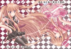 Rule 34 | 00s, 1girl, bare shoulders, black skirt, black thighhighs, blonde hair, blunt bangs, bow, bridal garter, buttons, checkered background, closed mouth, content rating, dress, dual persona, eimu, evangeline a.k. mcdowell, frills, garter straps, hair ribbon, hat, hat bow, long hair, looking at viewer, mahou sensei negima!, miniskirt, necktie, off-shoulder dress, off shoulder, pink bow, pink dress, pink hat, pleated skirt, puffy short sleeves, puffy sleeves, purple eyes, red necktie, red ribbon, ribbon, sailor collar, short sleeves, skirt, sleeveless, smile, solo, straight hair, thighhighs, top hat, tsurime, two side up, upper body, vampire, very long hair, white thighhighs, zettai ryouiki