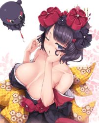 Rule 34 | 1girl, bare shoulders, black hair, blue eyes, blush, breasts, commentary request, fate/grand order, fate (series), flower, hair flower, hair ornament, twirling hair, hairpin, highres, japanese clothes, katsushika hokusai (fate), kimono, large breasts, looking at viewer, nakano sora, obi, octopus, one eye closed, open mouth, paintbrush, sash, short hair, solo