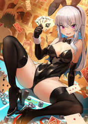 Rule 34 | 3girls, :d, ace (playing card), ace of spades, animal ears, arm support, ass, bare shoulders, black footwear, black gloves, black legwear, black leotard, bow, bowtie, breasts, card, cleavage, colored inner hair, detached collar, dutch angle, elbow gloves, fake animal ears, gloves, greentanuki, hairband, high heels, highleg, highleg leotard, holding, knee up, large breasts, latex, latex gloves, leotard, long hair, looking at viewer, multicolored hair, multiple girls, no bra, no panties, open mouth, original, pink eyes, playboy bunny, playing card, poker chip, poker table, rabbit ears, royal flush, shiny clothes, silver hair, sitting, skindentation, smile, smug, solo focus, spade (shape), spread legs, stomach, strapless, strapless leotard, table, thighhighs, thighs, v-shaped eyebrows, wrist cuffs