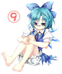 Rule 34 | 1girl, barefoot, bespectacled, bloomers, blue dress, blue eyes, blue hair, bow, circled 9, cirno, dress, feet, full body, glasses, gorilla (bun0615), hair bow, highres, hugging own legs, ice, ice wings, looking at viewer, matching hair/eyes, puffy short sleeves, puffy sleeves, short sleeves, simple background, solo, touhou, underwear, white background, white bloomers, wings