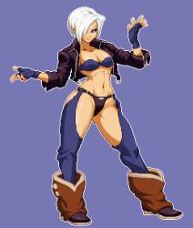 Rule 34 | 1girl, angel (kof), black jacket, boots, bra, breasts, chaps, commentary, cowboy boots, cropped jacket, english commentary, fingerless gloves, gloves, hair over one eye, jacket, large breasts, leather, leather jacket, nicotinefist, open clothes, open jacket, pixel art, snk, solo, strapless, strapless bra, the king of fighters, the king of fighters 2001, toned, underwear, unzipped, zipper
