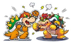 Rule 34 | 2boys, angry, bowser, bracelet, breath weapon, breathing fire, claws, clenched hands, collar, dual persona, fire, full body, horns, jewelry, koopa, mario &amp; luigi: paper jam, mario &amp; luigi rpg, mario (series), multiple boys, nintendo, no humans, official art, open mouth, outline, paper mario, scales, simple background, spiked bracelet, spiked collar, spikes, standing, thick eyebrows, white background, white outline
