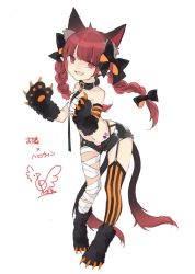 Rule 34 | 1girl, :d, animal ear fluff, animal ears, animal hands, bandaged leg, bandages, bare shoulders, black bow, black collar, black footwear, black gloves, black shorts, black thighhighs, blush, bow, braid, cat ears, cat tail, collar, commentary request, elbow gloves, full body, garter straps, gloves, hair bow, hands up, highres, kaenbyou rin, leash, long hair, looking at viewer, midriff, multiple tails, navel, nekomata, open fly, open mouth, orange gloves, orange thighhighs, panties, panty peek, paw gloves, paw shoes, pointy ears, red eyes, red hair, red panties, sarashi, short shorts, shorts, signature, simple background, single thighhigh, smile, solo, standing, stomach, striped clothes, striped gloves, striped thighhighs, tail, thighhighs, thighs, touhou, toutenkou, twin braids, twintails, two tails, underwear, vertical-striped clothes, vertical-striped thighhighs, white background