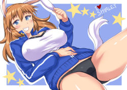 Rule 34 | 1girl, animal ears, black panties, blue eyes, blush, breasts, brown hair, charlotte e. yeager, cleavage, covered erect nipples, english text, framed breasts, grin, gym uniform, heart, jacket, komusou (jinrikisha), large breasts, long hair, looking at viewer, open clothes, open jacket, open mouth, orange hair, panties, rabbit ears, rabbit girl, rabbit tail, simple background, smile, solo, star (symbol), strike witches, sweat, swimsuit, tail, track jacket, underwear, world witches series