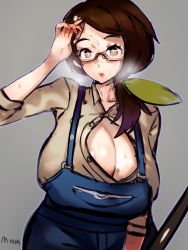 Rule 34 | 1girl, adjusting hair, arm at side, bad id, bad twitter id, breasts, broom, brown eyes, brown hair, cleavage, clenched hand, collarbone, collared shirt, creatures (company), curvy, eyelashes, female focus, fingernails, galar mother, game freak, glasses, grey background, hair ornament, hand on forehead, hand up, heavy breathing, highres, hot, huge breasts, long hair, looking at viewer, matching hair/eyes, mature female, moromoro (moro918), mother (pokemon), neck, nintendo, no bra, open clothes, open shirt, overalls, parted lips, pokemon, pokemon swsh, shirt, short sleeves, side bangs, side ponytail, sidelocks, signature, simple background, solo, standing, sweat, sweatdrop