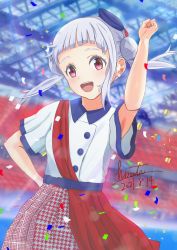 Rule 34 | 1girl, :d, arashi chisato, bad arm, belt, beret, blue belt, blue hat, blurry, blurry background, clenched hand, collared shirt, commentary, confetti, dated, day, double bun, english commentary, hair bun, hand on own hip, hand up, hat, highres, hinata2325, houndstooth, looking at viewer, love live!, love live! superstar!!, mixed-language commentary, open mouth, pink eyes, red skirt, sash, shirt, short bangs, short hair, short sleeves, short twintails, shoulder sash, signature, single sidelock, skirt, smile, solo, stadium, start!! true dreams (love live!), tareme, teeth, tilted headwear, tongue, twintails, two-tone skirt, upper teeth only, white hair, white shirt, wide sleeves