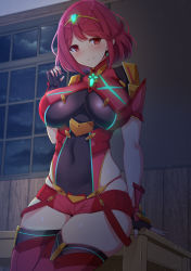 Rule 34 | 1girl, armor, black gloves, blush, breasts, closed mouth, covered navel, earrings, fingerless gloves, gloves, glowing, impossible clothes, indoors, jewelry, large breasts, night, nintendo, noeomi, pyra (xenoblade), red eyes, red hair, red shorts, red thighhighs, short hair, short shorts, shorts, shoulder armor, skin tight, skindentation, smile, solo, swept bangs, table, thighhighs, tiara, window, xenoblade chronicles (series), xenoblade chronicles 2