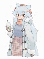 Rule 34 | 1girl, alternate costume, animal ears, arctic fox (kemono friends), beret, blue sweater, blush, bow, brown gloves, coat, coffee, cowboy shot, extra ears, fox ears, fox girl, fox tail, fur trim, gloves, hair bow, hat, highres, japari symbol, kemono friends, long hair, long sleeves, looking at viewer, open clothes, open coat, orange bow, orange eyes, orange hat, orange scarf, orange skirt, plaid, plaid skirt, scarf, shimazoenohibi, skirt, solo, striped clothes, striped sweater, sweater, tail, white coat, white fur, white hair, winter clothes