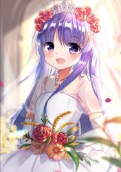 1girl, :d, bangs, blurry, blurry background, blush, bridal veil, bride, brown flower, commentary request, depth of field, dress, elbow gloves, eyebrows visible through hair, flower, gloves, hair between eyes, hair flower, hair ornament, hairclip, holding, holding flower, indoors, kyouka (princess connect!), long hair, looking at viewer, lydia601304, open mouth, petals, princess connect!, princess connect! re:dive, puffy short sleeves, puffy sleeves, purple eyes, purple hair, red flower, red rose, rose, see-through, see-through sleeves, short sleeves, smile, solo, tiara, veil, very long hair, wedding dress, white gloves