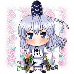Rule 34 | 1girl, bad id, bad pixiv id, blue eyes, blush, bug, butterfly, chibi, female focus, flower, hand on own hip, hat, hip focus, insect, japanese clothes, looking at viewer, mononobe no futo, open hand, outstretched arm, silver hair, smile, solo, star-shaped pupils, star (symbol), symbol-shaped pupils, tate eboshi, touhou, white background, yutuki kokonoe