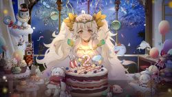 Rule 34 | 1girl, balloon, birthday cake, cake, candle, choker, confetti, cupcake, detached sleeves, dress, food, food-themed hair ornament, food fantasy, fruit, goddess rice (food fantasy), highres, long hair, macaron, multicolored hair, night, night sky, official art, rice (food fantasy), rice hair ornament, sky, smile, solo, strawberry, sweets, teapot, tiara, tiered tray, twintails, yellow eyes