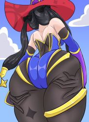 Rule 34 | 1girl, ass, ass focus, ass grab, black hair, blue leotard, blue sky, cape, detached sleeves, elbow gloves, faramound, from behind, from below, genshin impact, gloves, grabbing own ass, hair ornament, hair ribbon, hat, highleg, highleg leotard, highres, huge ass, leotard, long hair, mona (genshin impact), pantyhose, ribbon, shiny clothes, sky, solo, thong leotard, twintails, very long hair, witch hat