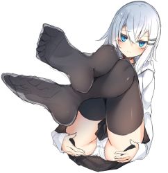 Rule 34 | 1girl, ass, black skirt, black thighhighs, blue eyes, blush, closed mouth, commentary request, feet, foot focus, hair ornament, hairclip, hands on own ass, highres, hood, hood down, hoodie, long sleeves, looking at viewer, no shoes, original, otokuyou, panties, pleated skirt, ringo-chan (otokuyou), simple background, sketch, skirt, solo, thighhighs, toes, underwear, white background, white hair, white hoodie, white panties
