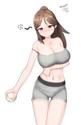 Rule 34 | 1girl, absurdres, alternate costume, amagi (kancolle), baseball, bra, breasts, brown eyes, brown hair, cleavage, drunk, grey bra, grey shorts, high ponytail, highres, kantai collection, large breasts, long hair, maru (marg0613), midriff, navel, one-hour drawing challenge, shorts, sidelocks, solo, sports bra, squeans, strap slip, underwear, wide ponytail