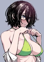 Rule 34 | 1girl, bikini, black hair, blush, breasts, brown eyes, clothes down, freckles, glasses, green bikini, grey background, hair between eyes, highres, large breasts, looking to the side, original, parted lips, shirt, short hair, simple background, sketch, solo, swimsuit, upper body, wang-pac, white shirt